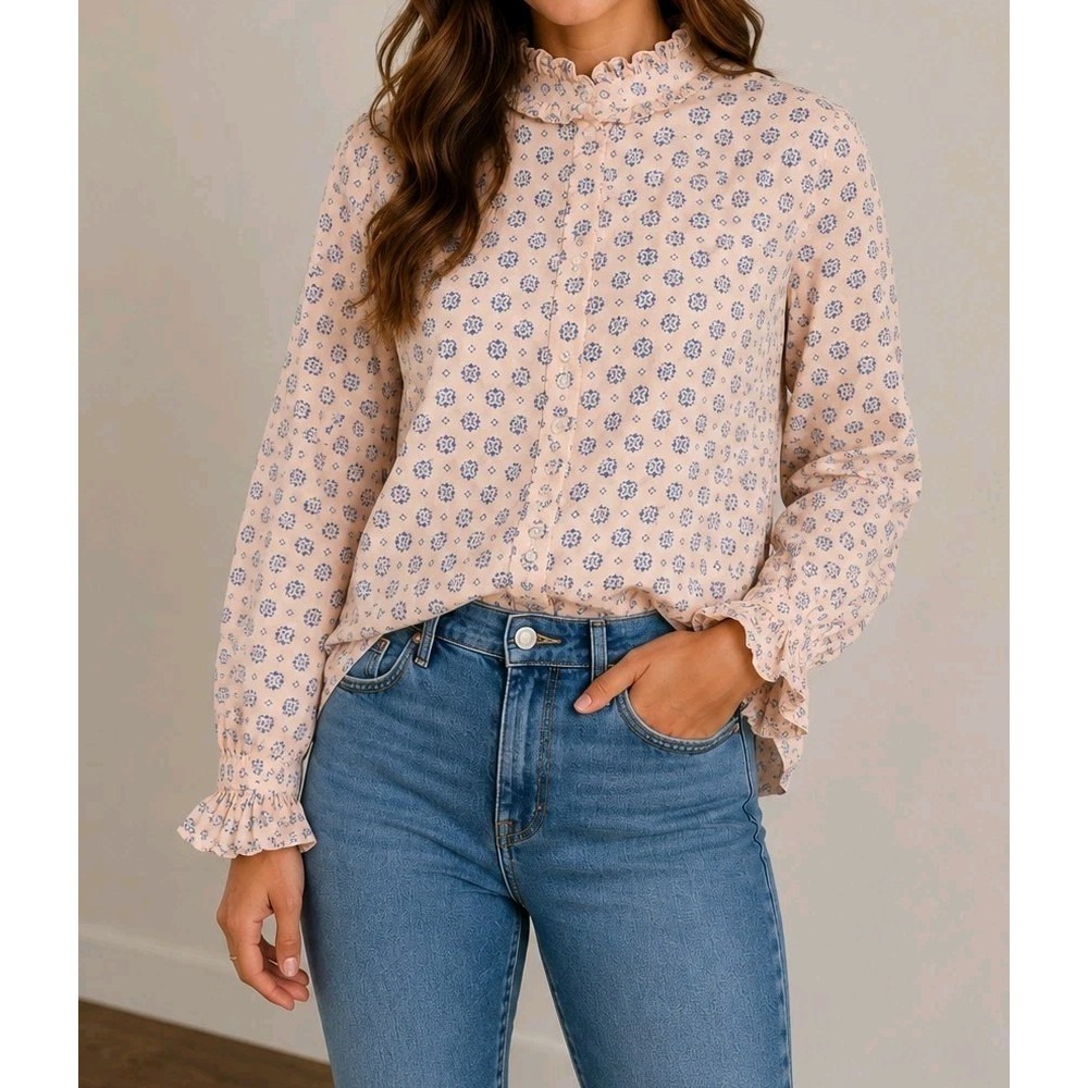 J.Crew Classic Ruffle Neck Floral Print Button Front Blouse Pink Blue Size 8